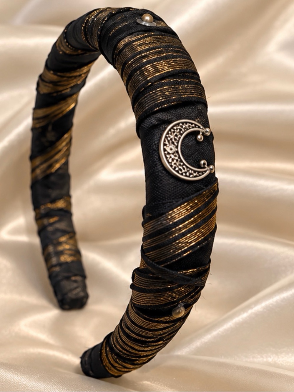 Handmade Witchy Black and Gold Crescent Moon Wrapped Headband 8/23